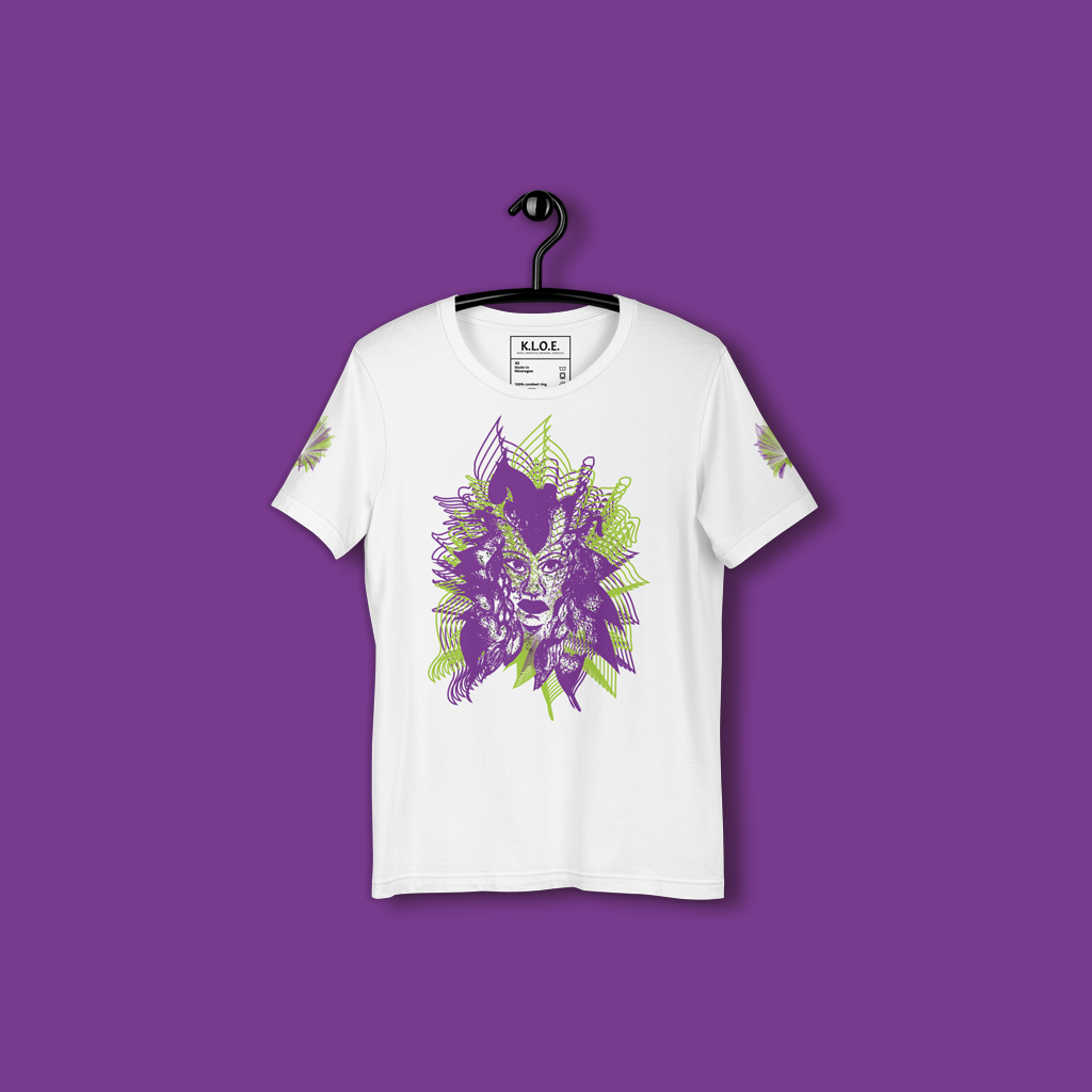 Front view of a white K.L.O.E. T-shirt featuring a vibrant hand-drawn face design in bold purple and green, surrounded by geometric and flowing patterns, celebrating individuality, artistic self-expression, and modern bohemian style fashion.