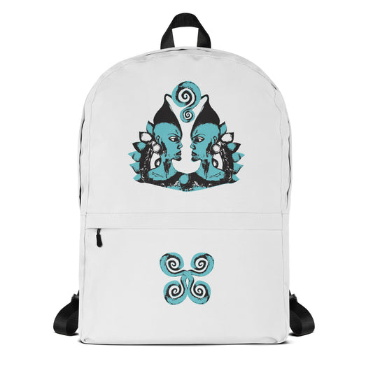 White backpack with a spacious front pocket, featuring a hand-drawn, culturally inspired design of two mirrored faces in bold black and teal on the main panel, and an intricate teal spiral motif on the pocket, celebrating self-expression and individuality in modern bohemian style fashion by K.L.O.E.