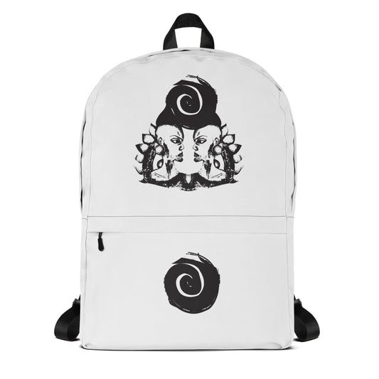 White backpack featuring a hand-drawn, culturally inspired design of two mirrored faces in bold black on the main panel, paired with a striking black spiral motif on the spacious front pocket, celebrating self-expression and individuality in modern bohemian style fashion by K.L.O.E.