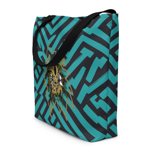 Large Kloe Store tote bag with bold green and black geometric pattern and central artistic face design, featuring black straps, perfect for stylish and functional everyday use.