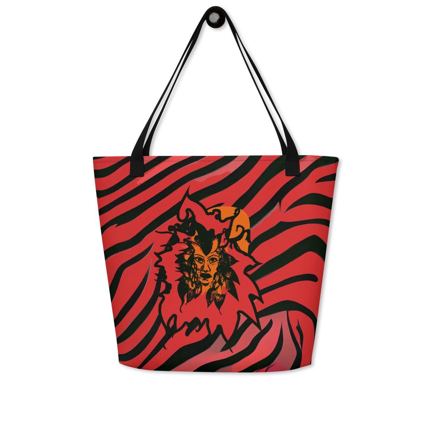 Large red and black tote bag from Kloe Store featuring a bold artistic face design and abstract swirling patterns, with black straps, perfect for trendy and functional everyday use.
