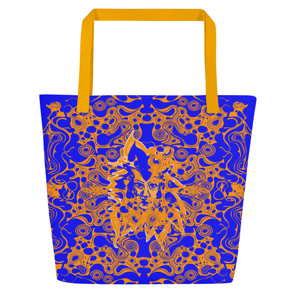 Bold blue and orange tote bag from Kloe Store featuring intricate abstract patterns and a central artistic face design, offering a stylish and edgy streetwear look.