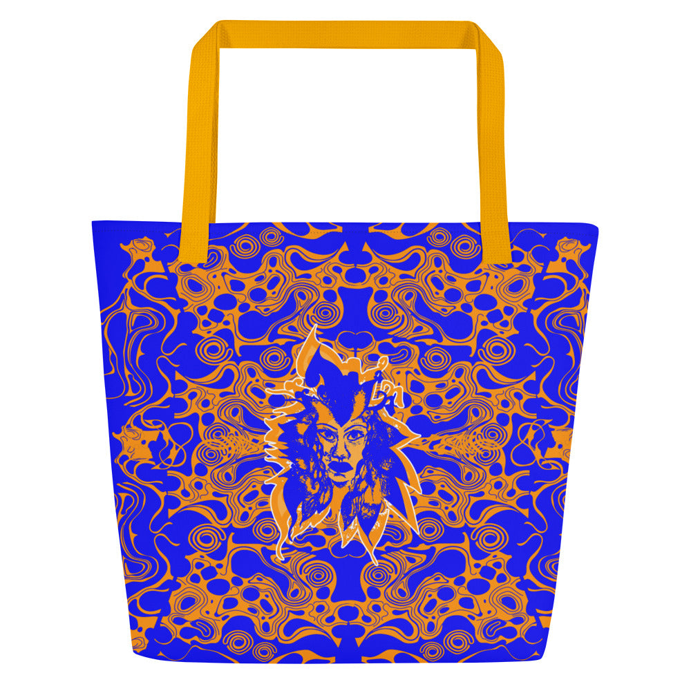 Bold blue and orange tote bag from Kloe Store featuring intricate abstract patterns and a central artistic face design, offering a stylish and edgy streetwear look.