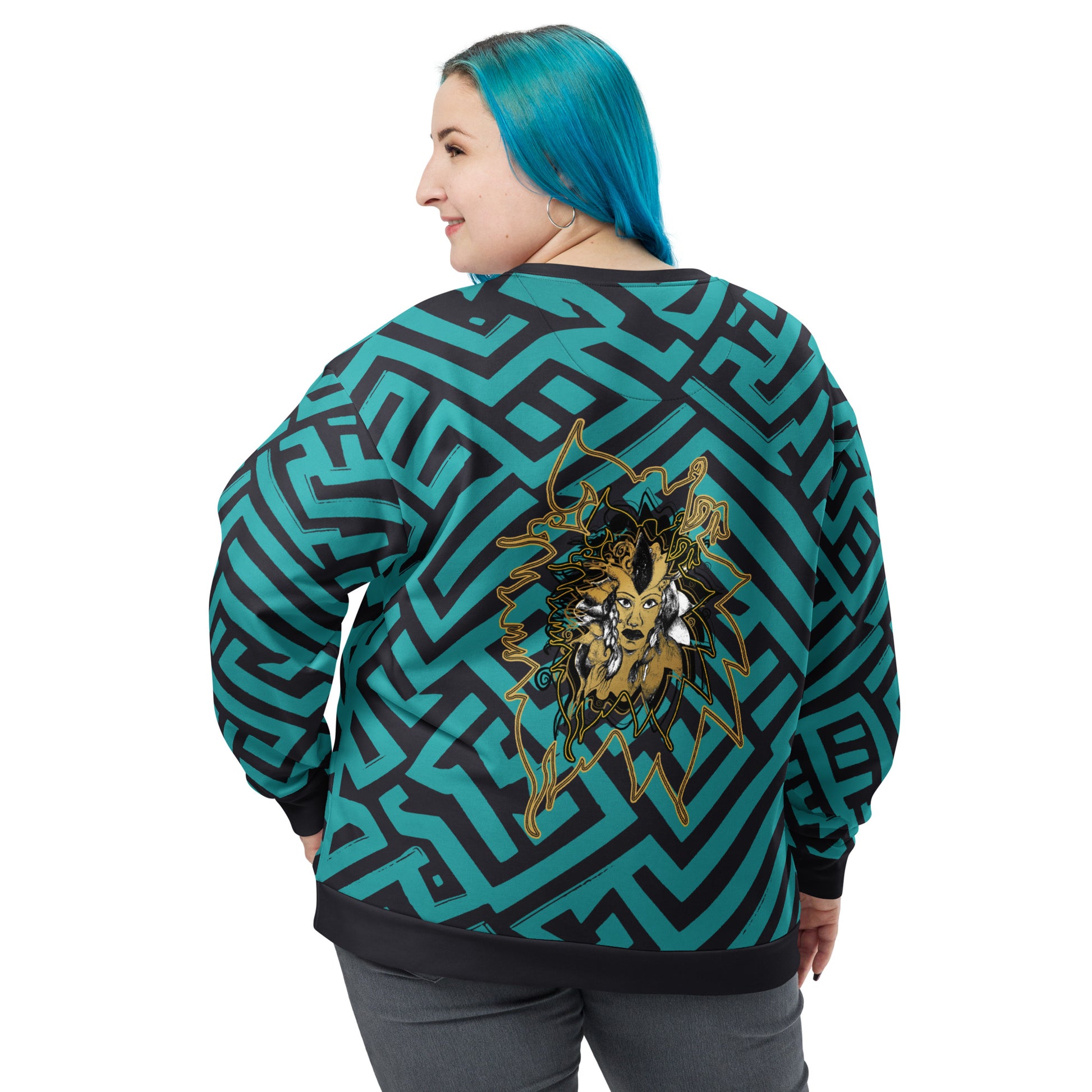 Back view of Kloe Store unisex sweatshirt featuring bold green and black geometric patterns with a central golden artistic face design, on a female plus size model, showcasing modern streetwear fashion.