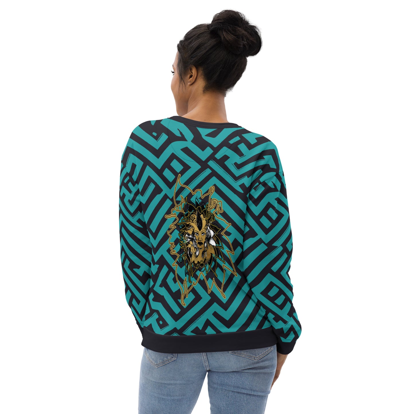 Back view of Kloe Store unisex sweatshirt featuring bold green and black geometric patterns with a central golden artistic face design, on a female model, showcasing modern streetwear fashion.