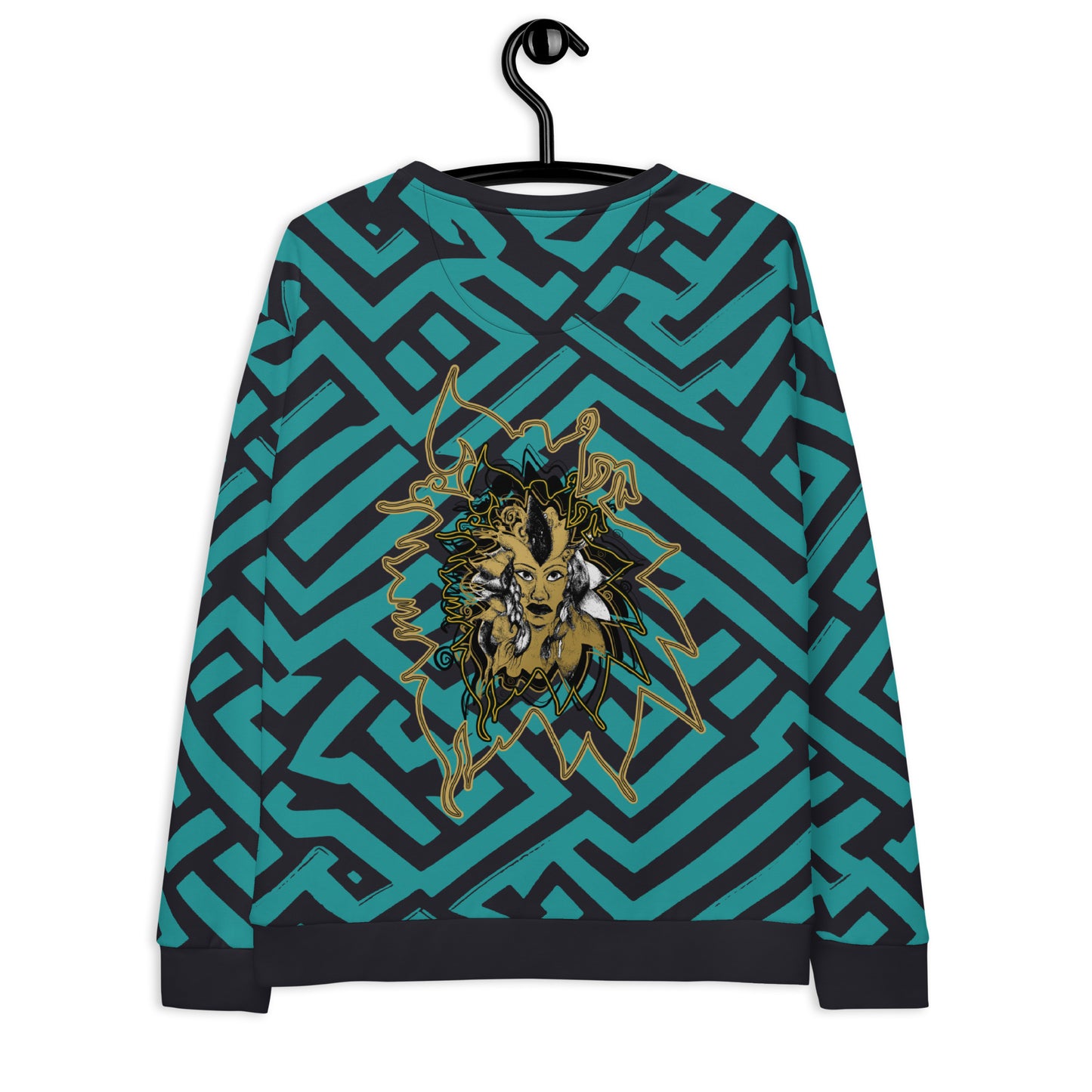 Back view of Kloe Store unisex sweatshirt featuring bold green and black geometric patterns with a central golden artistic face design, hanging on a black hanger, showcasing modern streetwear fashion.