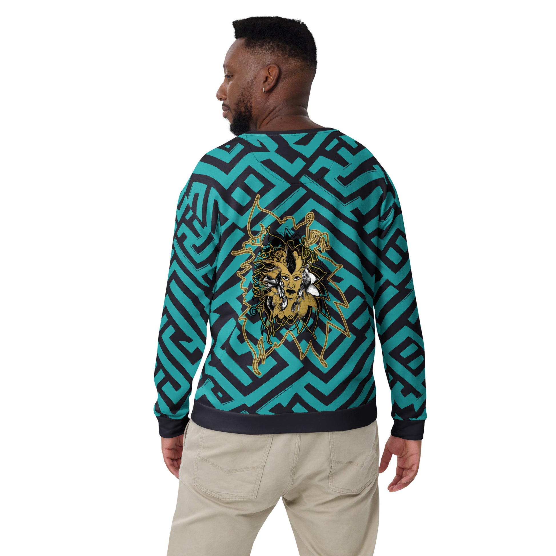 Back view of Kloe Store unisex sweatshirt featuring bold green and black geometric patterns with a central golden artistic face design, on a male model, showcasing modern streetwear fashion.