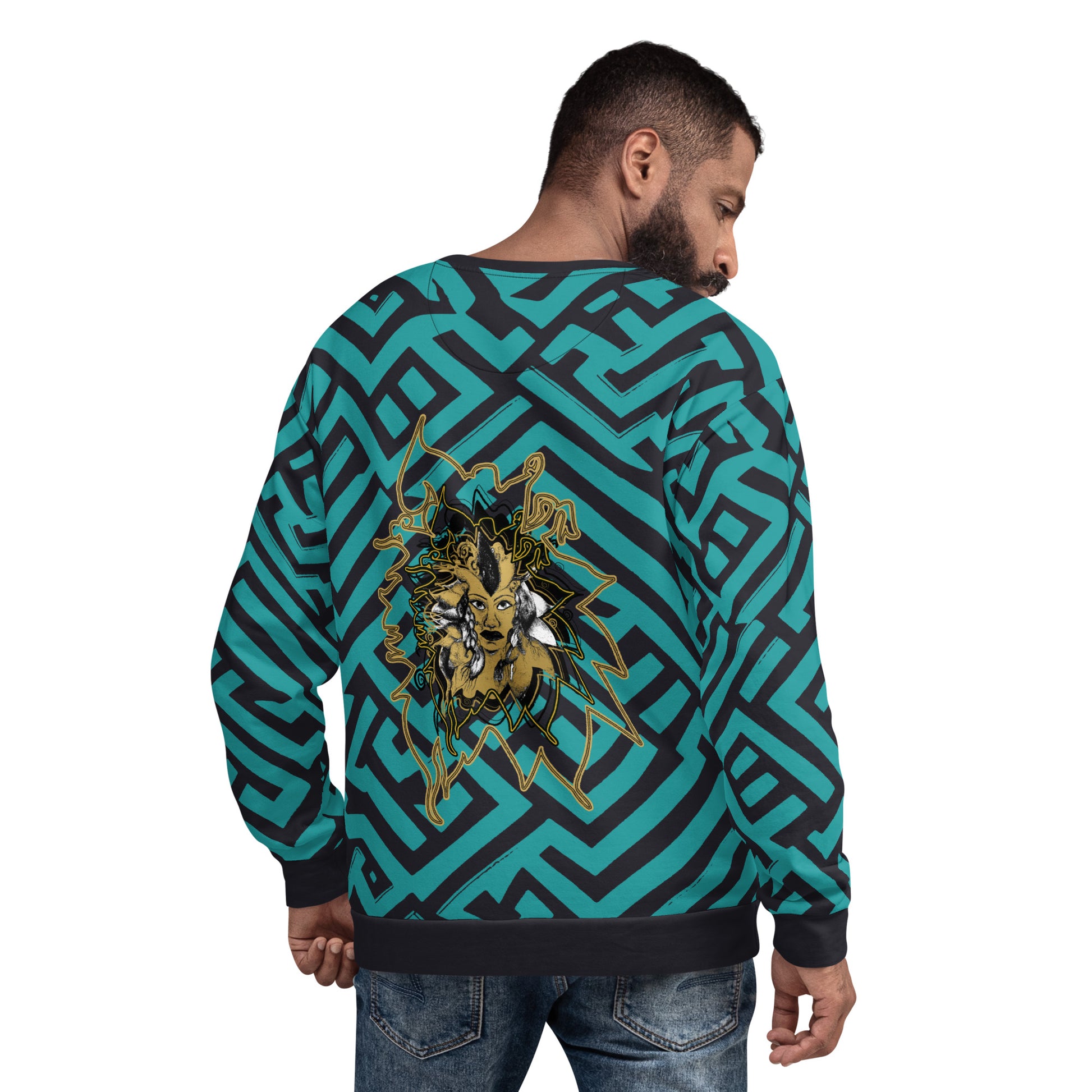 Back view of Kloe Store unisex sweatshirt featuring bold green and black geometric patterns with a central golden artistic face design, on a male model, showcasing modern streetwear fashion.