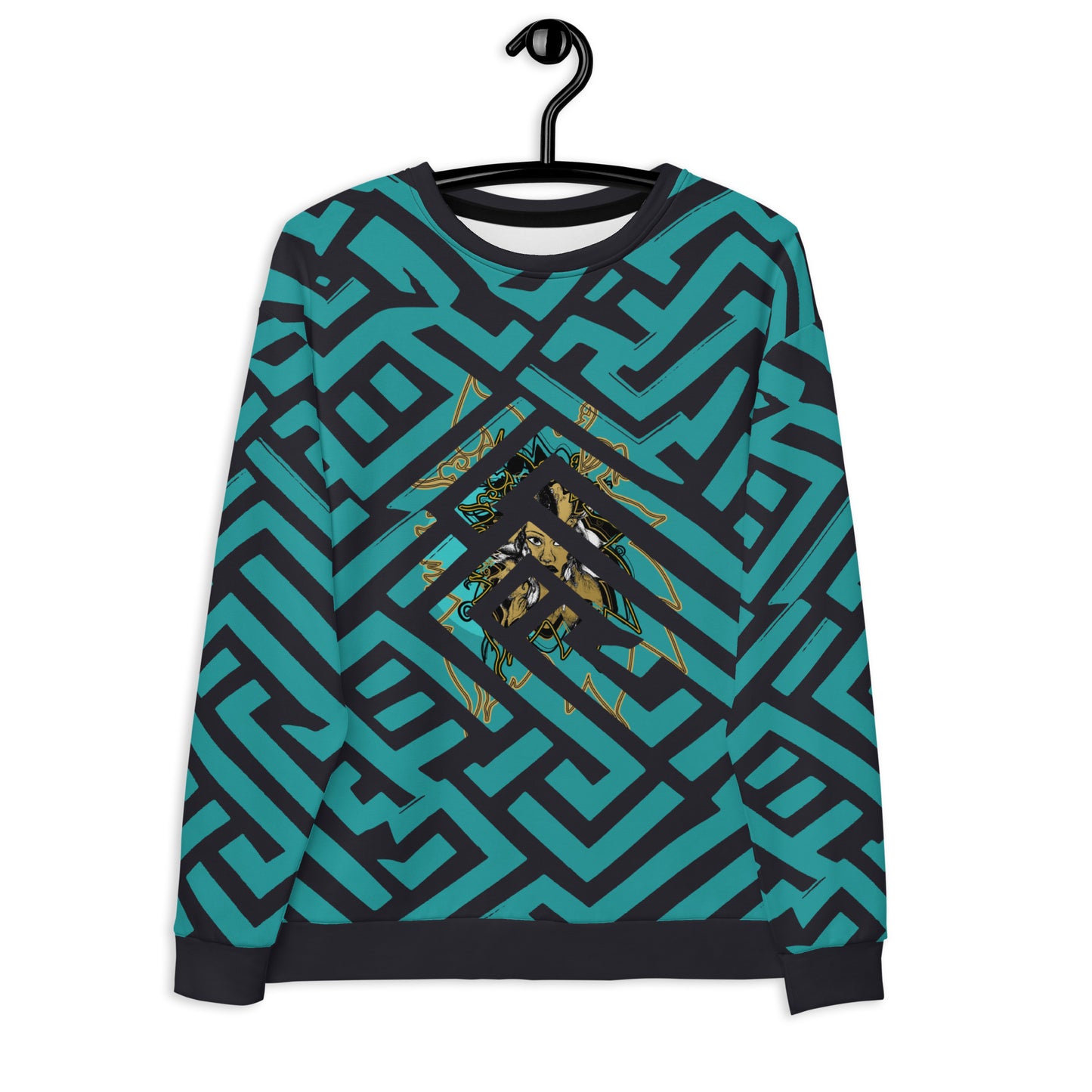 Front view of Kloe Store unisex sweatshirt featuring bold green and black geometric patterns with a central golden artistic face design, hanging on a black hanger, showcasing modern streetwear fashion.