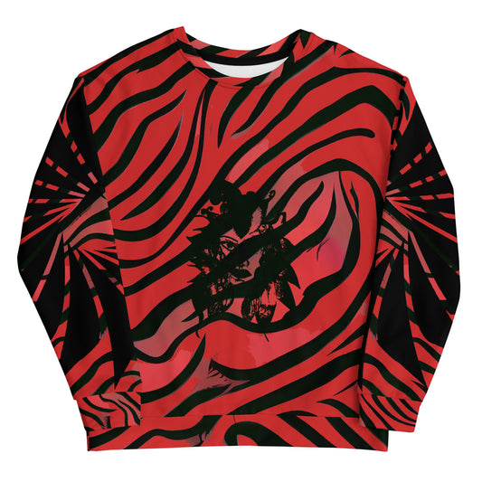 Front view of a plus size model wearing a bold red and black unisex sweatshirt from Kloe Store featuring a striking artistic face design, showcasing unique streetwear style with a vibrant, swirling pattern.