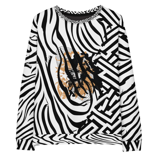 Bold black and white zebra print unisex sweatshirt from Kloe Store featuring a striking artistic face design on the front, offering unique and edgy streetwear fashion with abstract patterns.