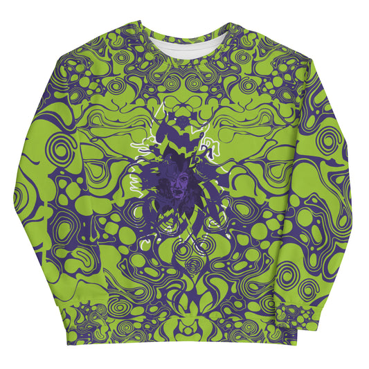 Green and purple unisex sweatshirt from Kloe Store featuring bold abstract patterns and a central artistic face design on both front and back, perfect for an edgy and modern streetwear style.