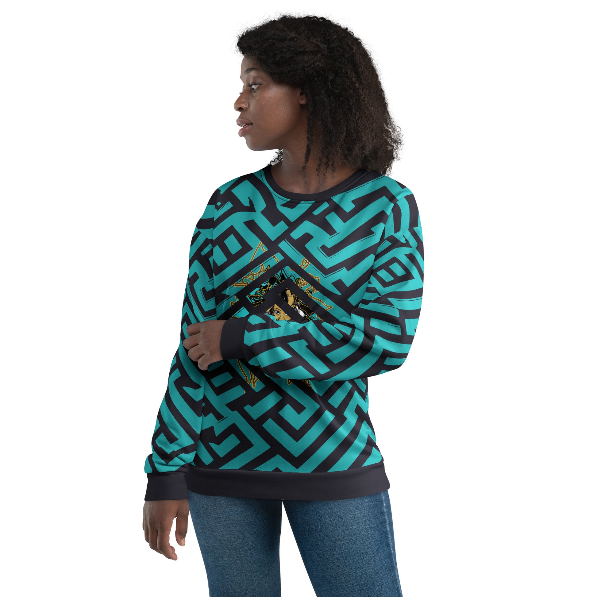 Front view of Kloe Store unisex sweatshirt featuring bold green and black geometric patterns with a central golden artistic face design, on a female  model, showcasing modern streetwear fashion.