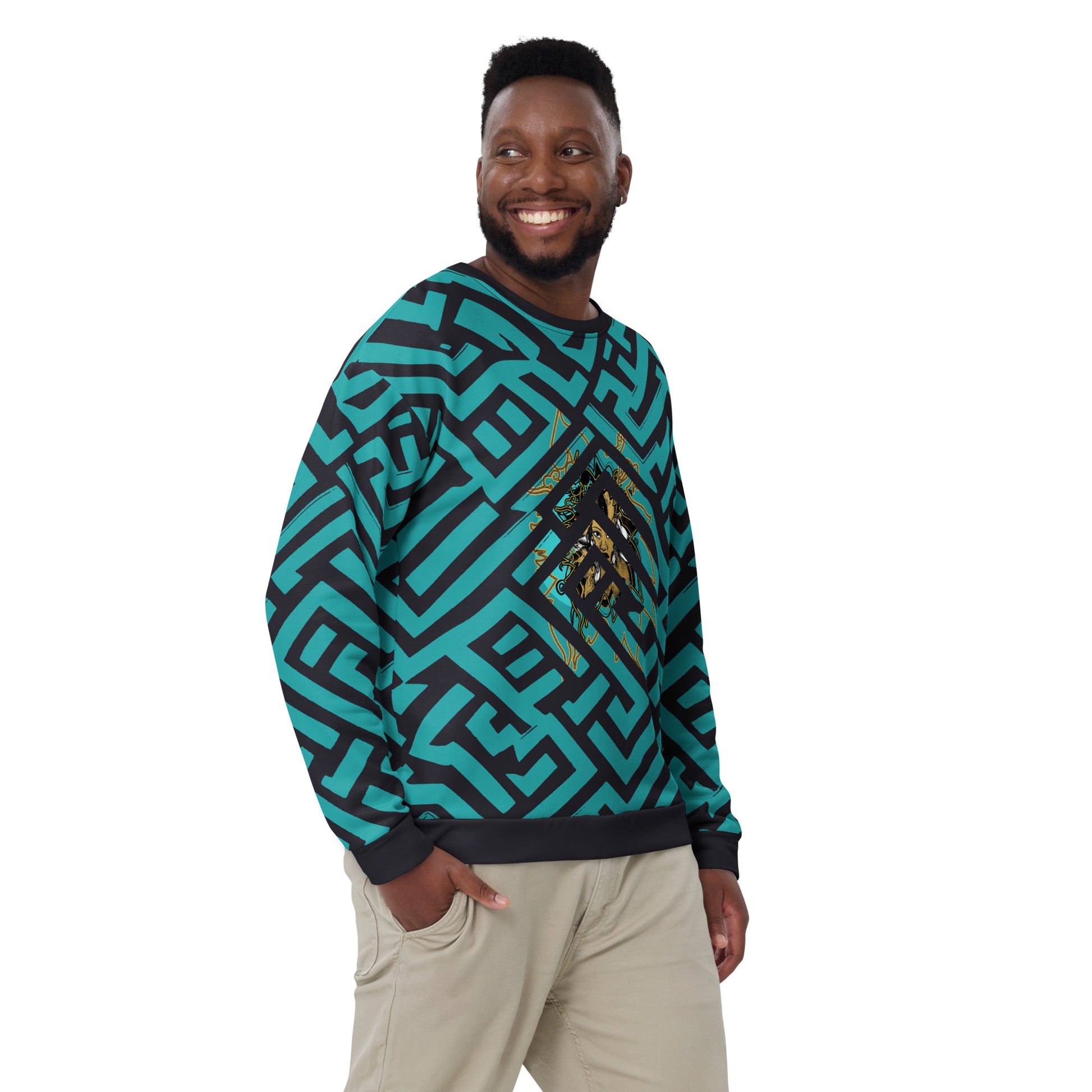 Side front view of Kloe Store unisex sweatshirt featuring bold green and black geometric patterns with a central golden artistic face design, on a male model, showcasing modern streetwear fashion.