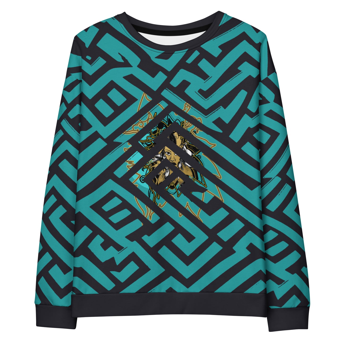 Front view of Kloe Store unisex sweatshirt featuring bold green and black geometric patterns with a central golden artistic face design, hanging on a black hanger, showcasing modern streetwear fashion.