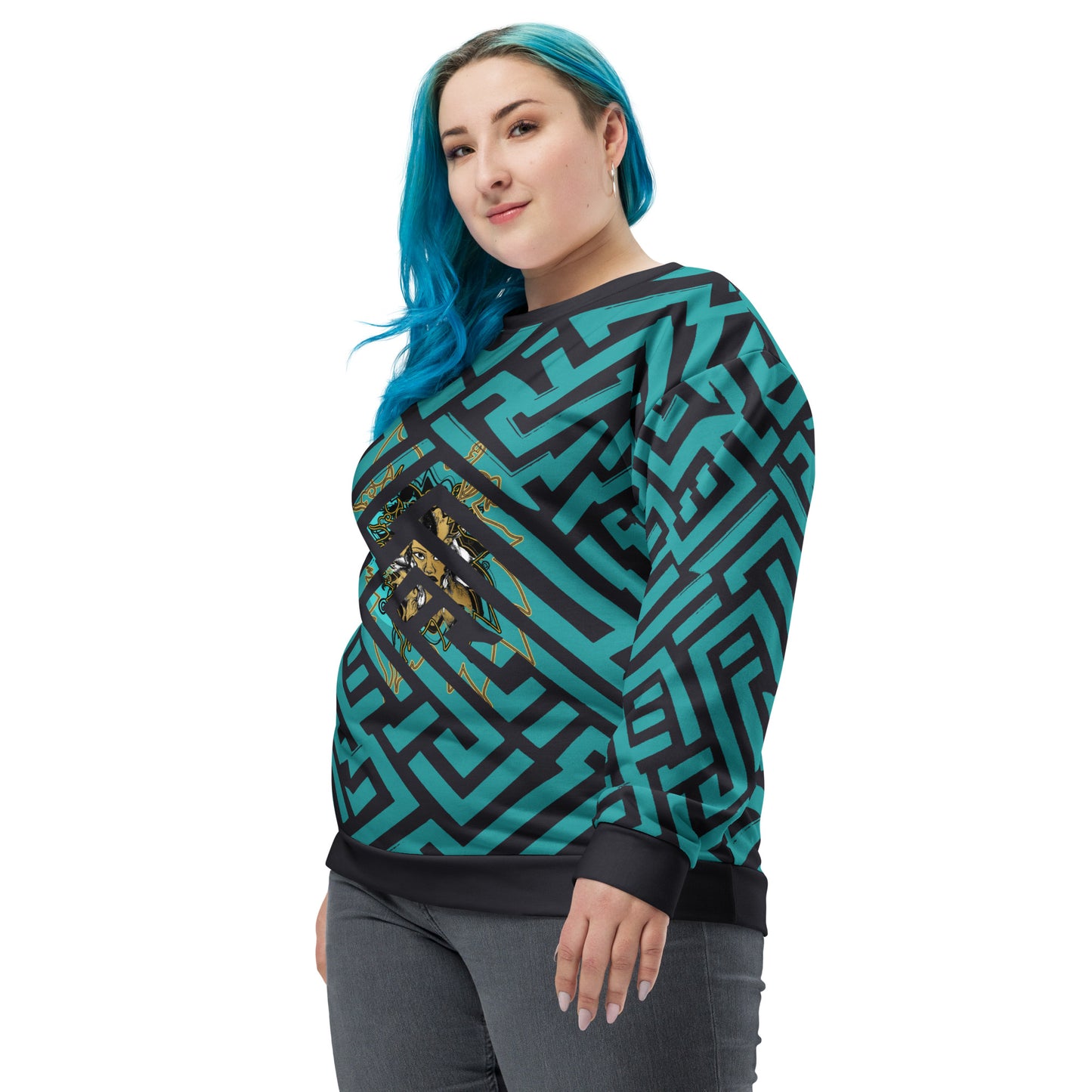 Front view of Kloe Store unisex sweatshirt featuring bold green and black geometric patterns with a central golden artistic face design, on a female plus size model, showcasing modern streetwear fashion.