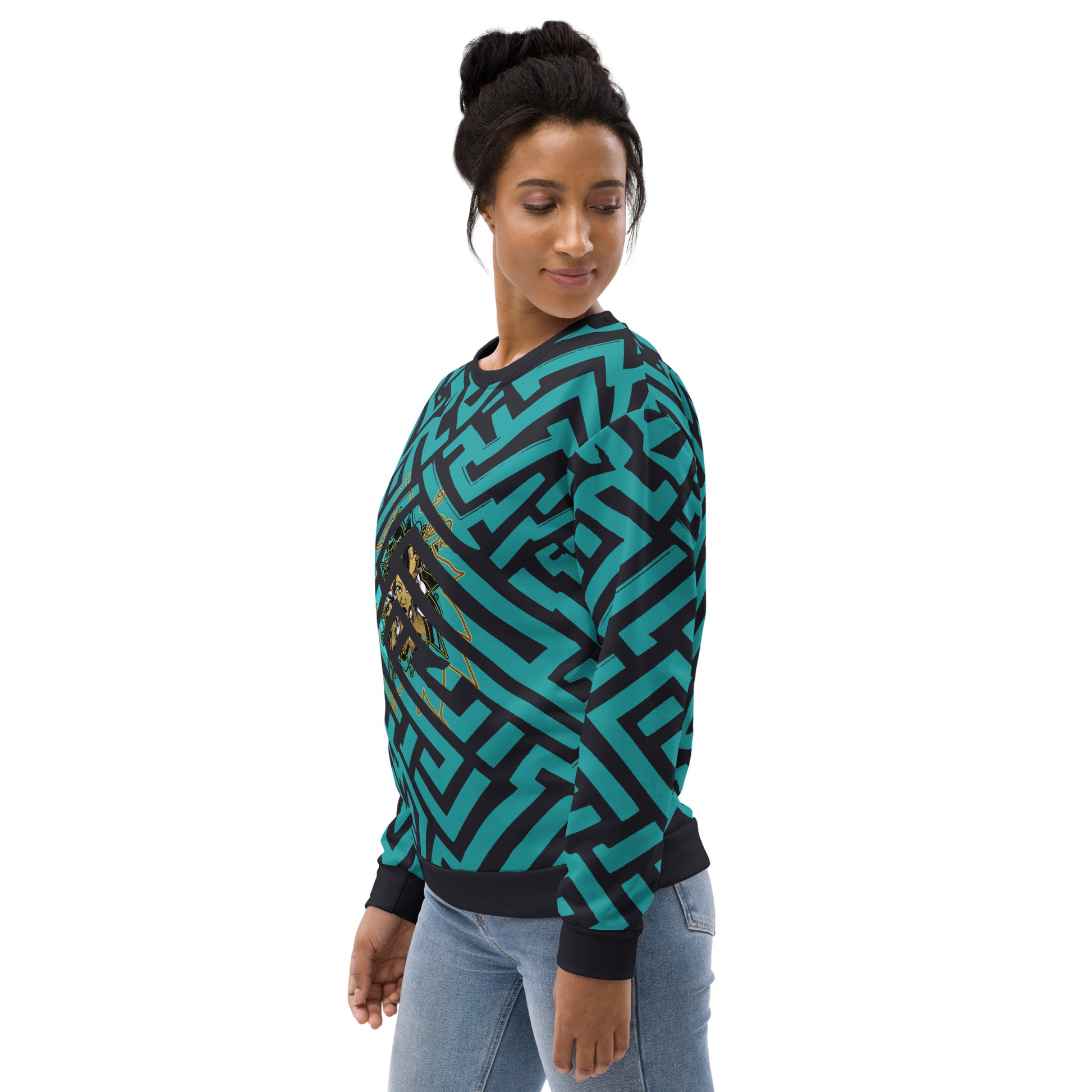 Side front view of Kloe Store unisex sweatshirt featuring bold green and black geometric patterns with a central golden artistic face design, on a female  model, showcasing modern streetwear fashion.