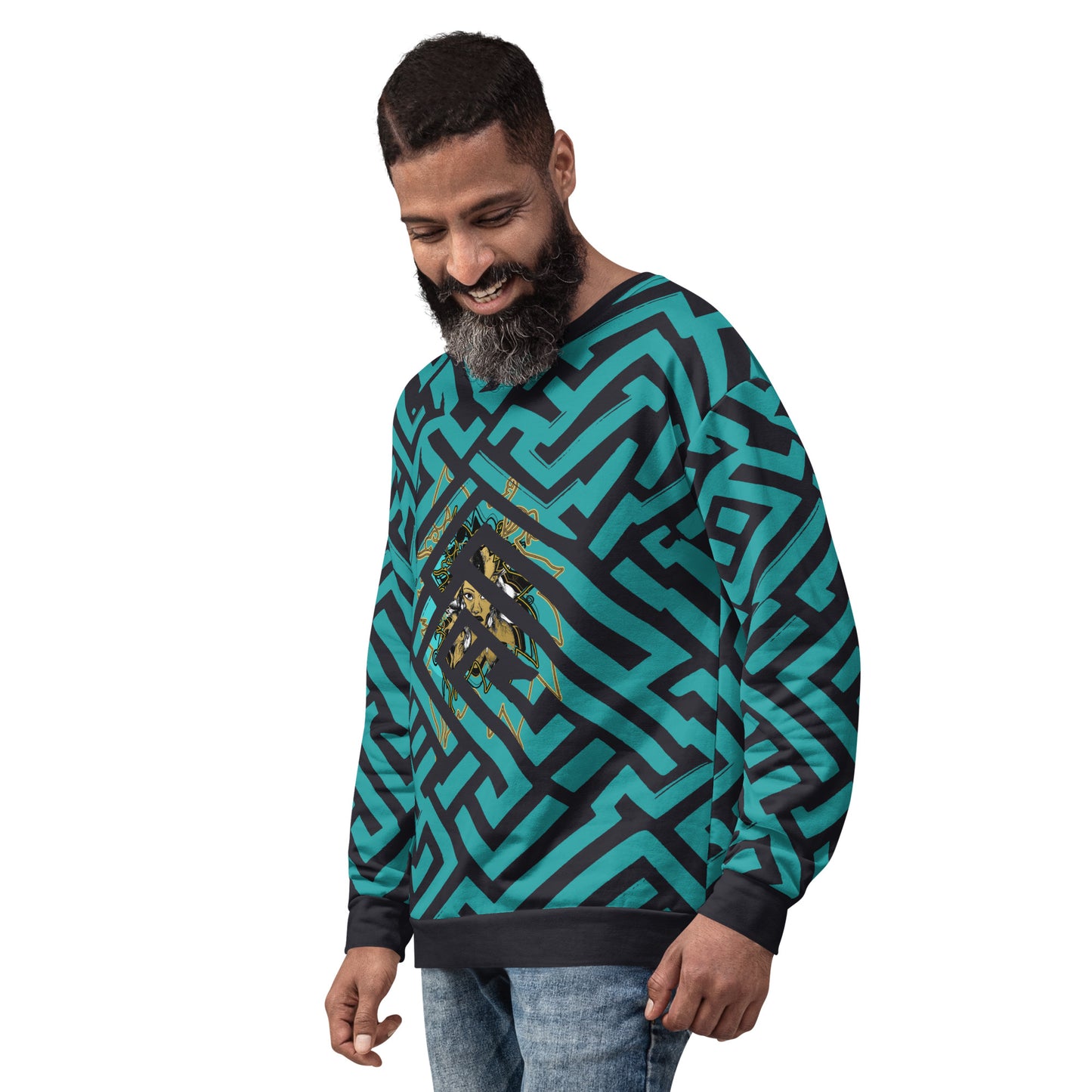 Front view of Kloe Store unisex sweatshirt featuring bold green and black geometric patterns with a central golden artistic face design, on a male model, showcasing modern streetwear fashion.