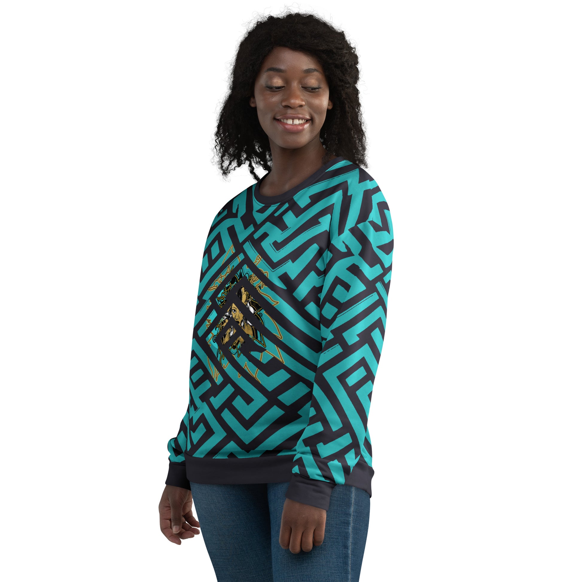 Front view of Kloe Store unisex sweatshirt featuring bold green and black geometric patterns with a central golden artistic face design, on a female  model, showcasing modern streetwear fashion.