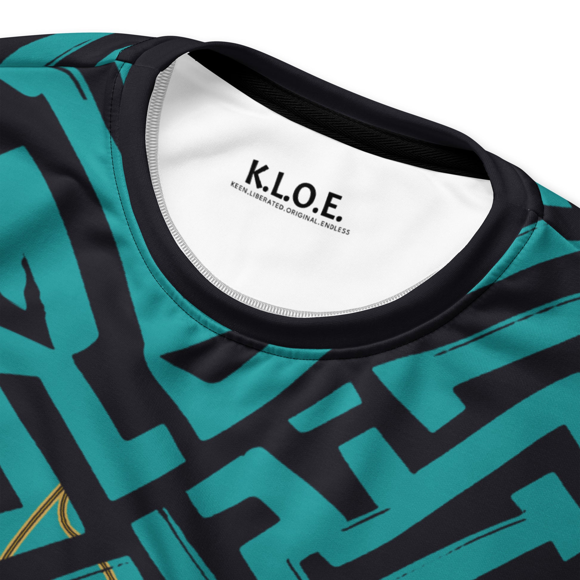 Inside label view of Kloe Store unisex sweatshirt featuring bold green and black geometric patterns with a central golden artistic face design, on a male model, showcasing modern streetwear fashion.