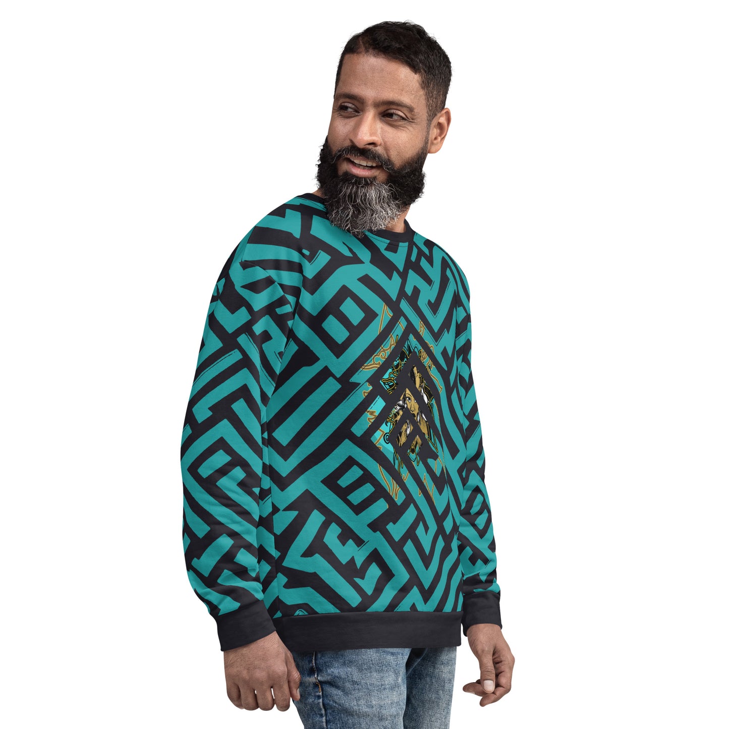 Front side view of Kloe Store unisex sweatshirt featuring bold green and black geometric patterns with a central golden artistic face design, on a male model, showcasing modern streetwear fashion.