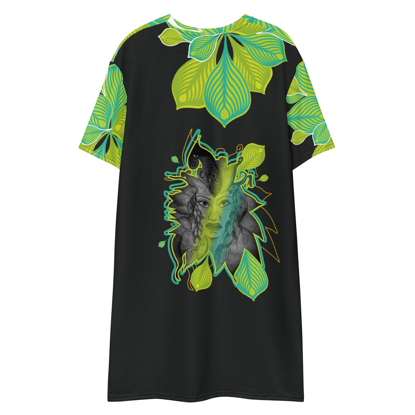 Back view of an all-over print K.L.O.E. t-shirt dress featuring vibrant green and yellow leaf patterns framing a detailed black and gray hand-drawn face design, celebrating individuality, modern bohemian style, and self-expression.