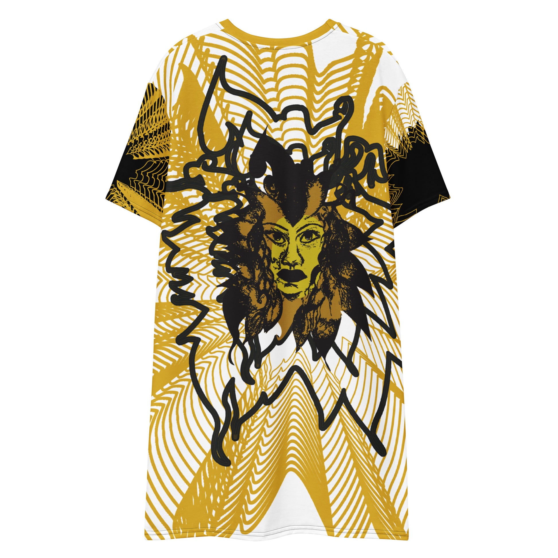 Back view of an all-over print K.L.O.E. t-shirt dress featuring a striking gold and white geometric radiating pattern, with a central hand-drawn black and gold and yellow face design, celebrating modern bohemian style and self-expression.