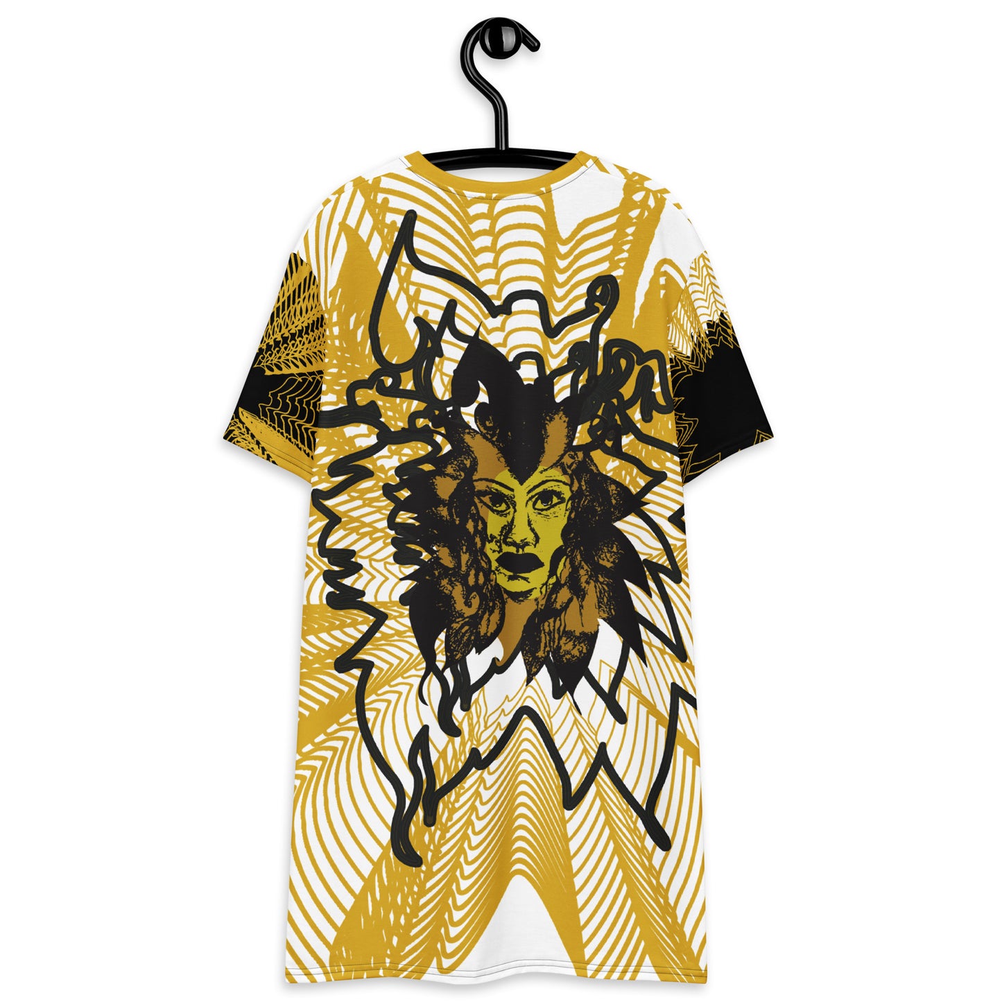 Back view of an all-over print K.L.O.E. t-shirt dress featuring a striking gold and white geometric radiating pattern, with a central hand-drawn black and gold and yellow face design, celebrating modern bohemian style and self-expression.