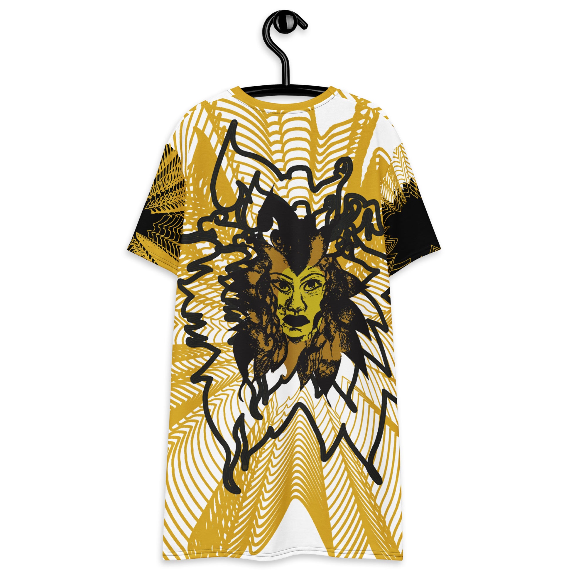 Back view of an all-over print K.L.O.E. t-shirt dress featuring a striking gold and white geometric radiating pattern, with a central hand-drawn black and gold and yellow face design, celebrating modern bohemian style and self-expression.