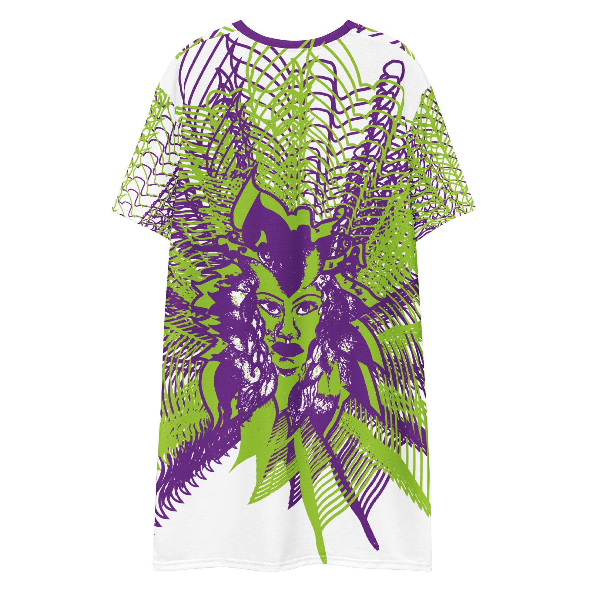 Back view of an all-over print K.L.O.E. t-shirt dress featuring bold purple and green geometric patterns radiating from a hand-drawn face design, representing individuality, self-expression, and modern bohemian style.