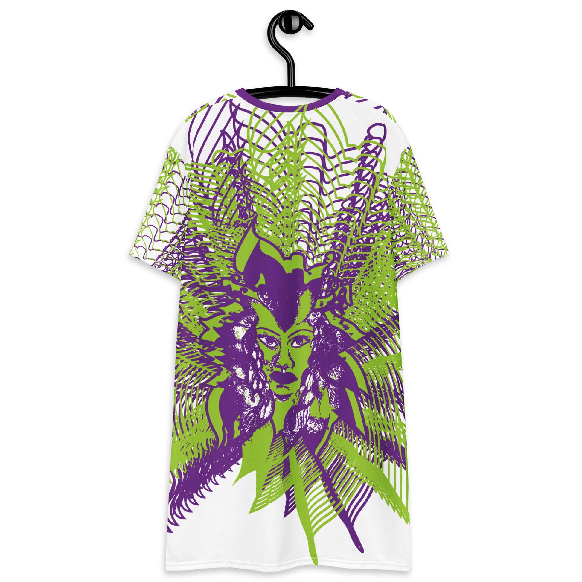 Back view of an all-over print K.L.O.E. t-shirt dress featuring bold purple and green geometric patterns radiating from a hand-drawn face design, representing individuality, self-expression, and modern bohemian style.