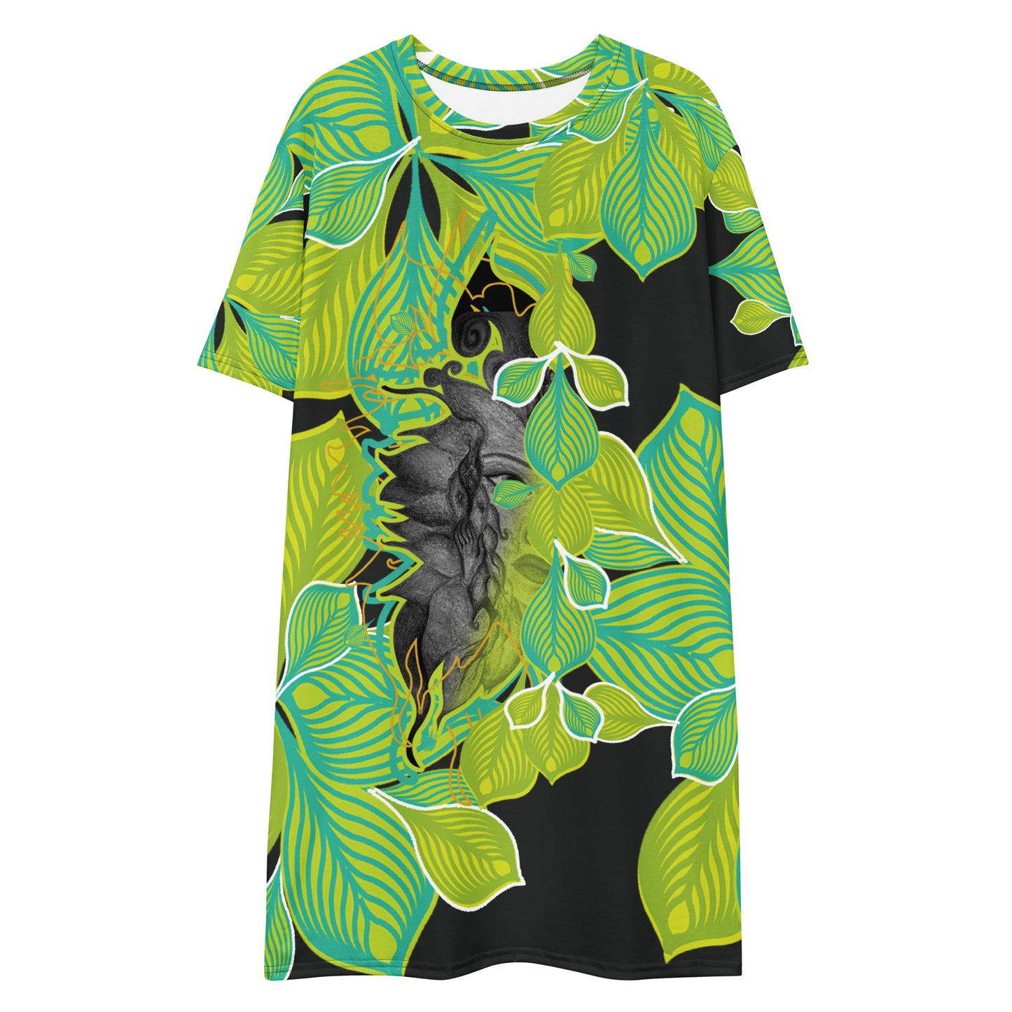 All-over print K.L.O.E. t-shirt dress featuring vibrant green and yellow leaf patterns framing a detailed black and gray hand-drawn face design, highlighting individuality, self-expression, and modern bohemian style.