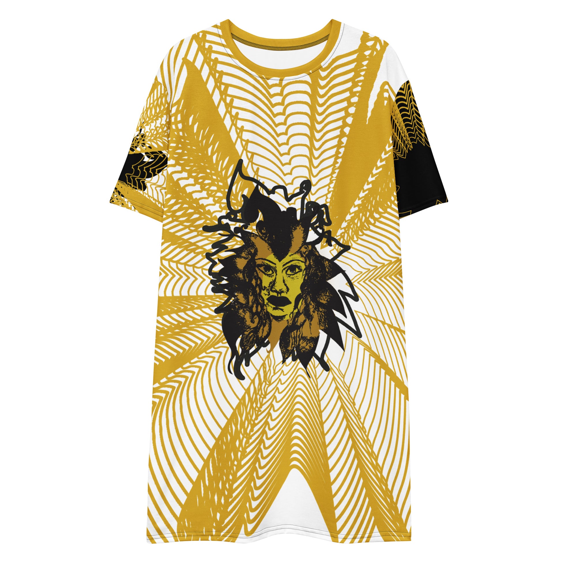 Front view of an all-over print K.L.O.E. t-shirt dress featuring a bold gold and white geometric pattern radiating from a central hand-drawn black and gold and yellow face design, embodying individuality, modern bohemian style, and self-expression.