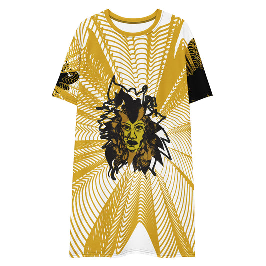 Front view of an all-over print K.L.O.E. t-shirt dress featuring a bold gold and white geometric pattern radiating from a central hand-drawn black and gold and yellow face design, embodying individuality, modern bohemian style, and self-expression.