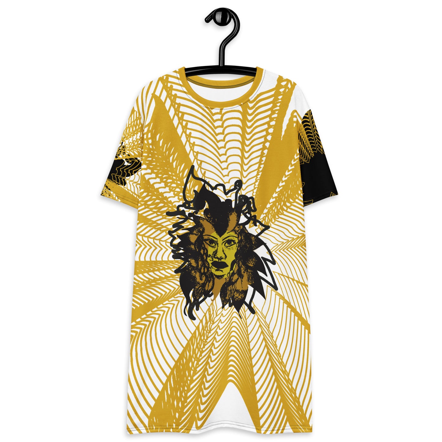 Front view of an all-over print K.L.O.E. t-shirt dress featuring a bold gold and white geometric pattern radiating from a central hand-drawn black and gold and yellow face design, embodying individuality, modern bohemian style, and self-expression. 