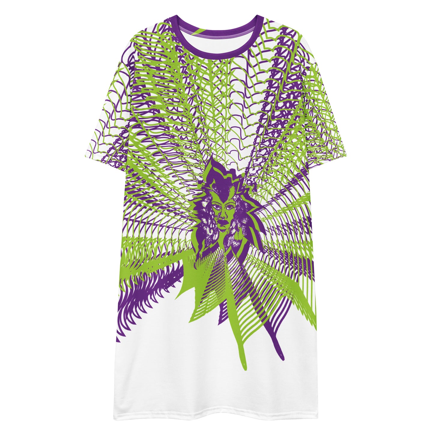 Front view of an all-over print K.L.O.E. t-shirt dress featuring vibrant purple and green geometric patterns radiating from a central hand-drawn face design, embodying individuality, self-expression, and modern bohemian fashion.