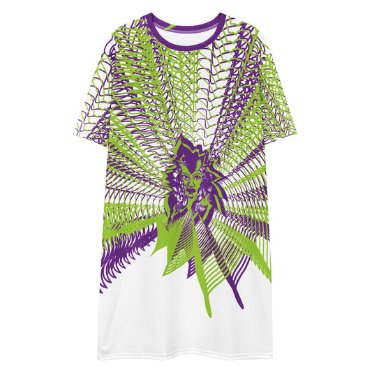 Front view of an all-over print K.L.O.E. t-shirt dress featuring vibrant purple and green geometric patterns radiating from a central hand-drawn face design, embodying individuality, self-expression, and modern bohemian fashion.