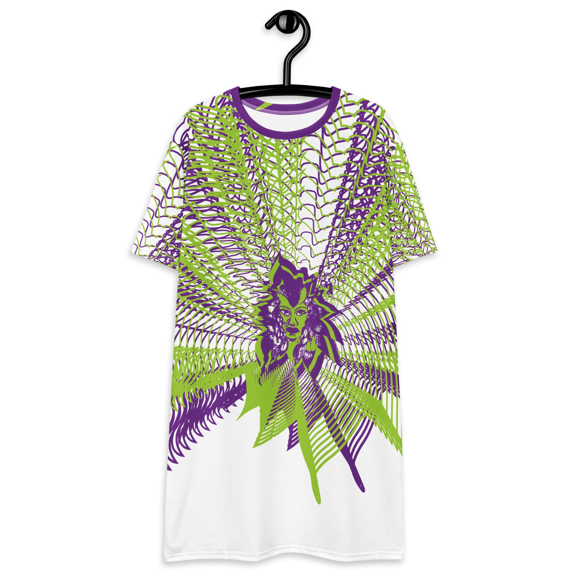 Front view of an all-over print K.L.O.E. t-shirt dress featuring vibrant purple and green geometric patterns radiating from a central hand-drawn face design, embodying individuality, self-expression, and modern bohemian fashion.