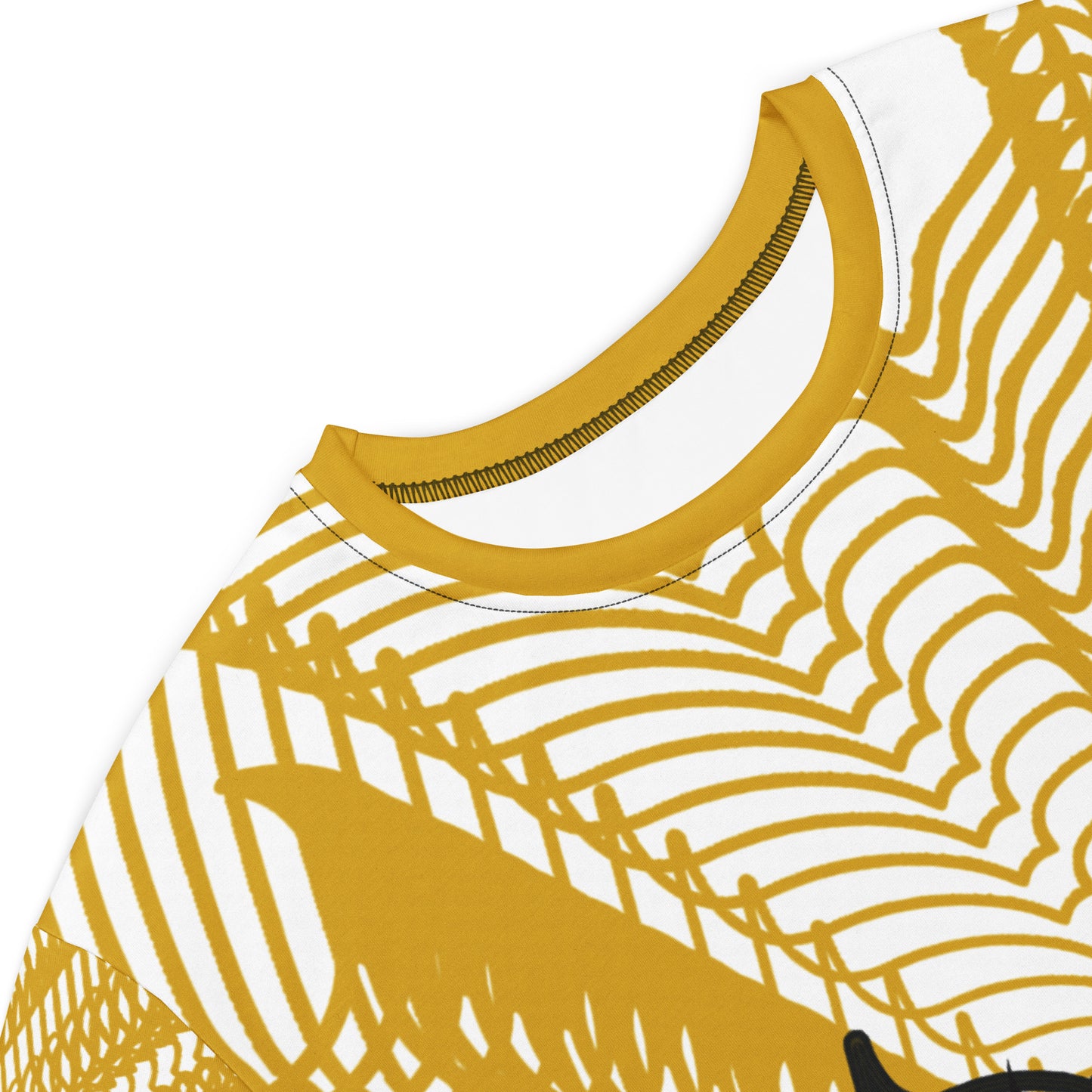 Detail view of an all-over print K.L.O.E. t-shirt dress featuring a bold gold and white geometric pattern radiating from a central hand-drawn black and gold and yellow face design, embodying individuality, modern bohemian style, and self-expression.