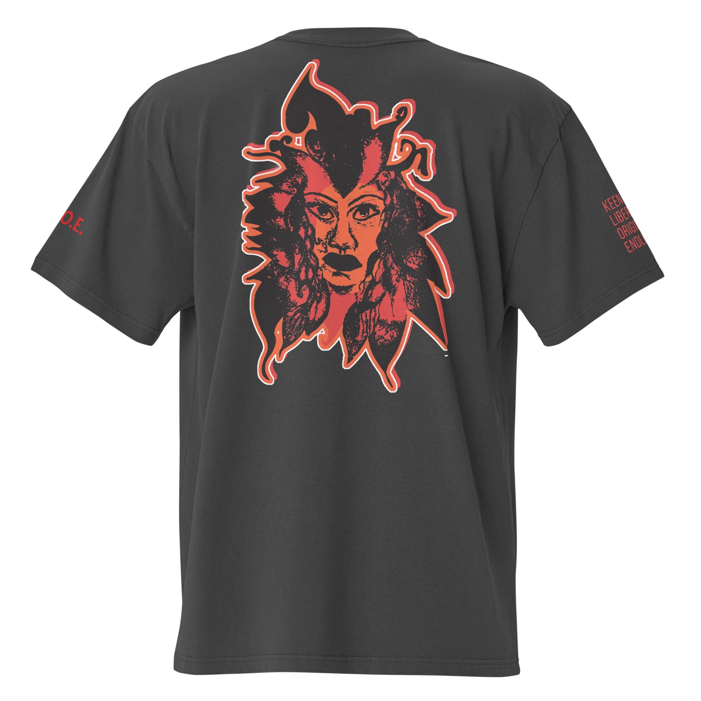 Black unisex oversized t-shirt featuring a striking red, hand-drawn face graphic on the back and front, inspired by global artistry and expressive fashion. The sleeve showcases ‘KEEN, LIBERATED, ORIGINAL, ENDLESS,’ embodying modern boho style and empowering individuality. A statement piece for those embracing contemporary, culturally inspired fashion.