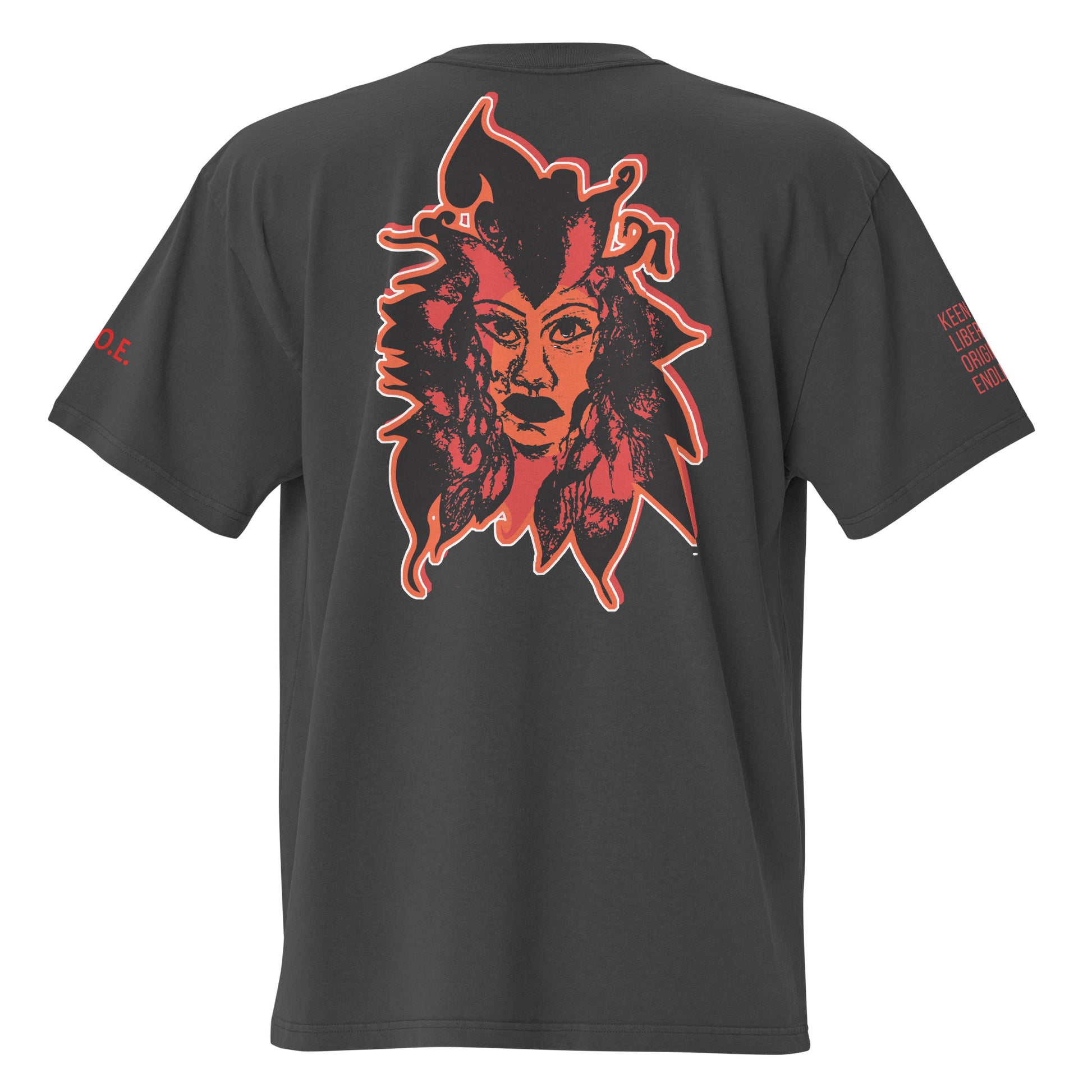 Black unisex oversized t-shirt featuring a striking red, hand-drawn face graphic on the back and front, inspired by global artistry and expressive fashion. The sleeve showcases ‘KEEN, LIBERATED, ORIGINAL, ENDLESS,’ embodying modern boho style and empowering individuality. A statement piece for those embracing contemporary, culturally inspired fashion.