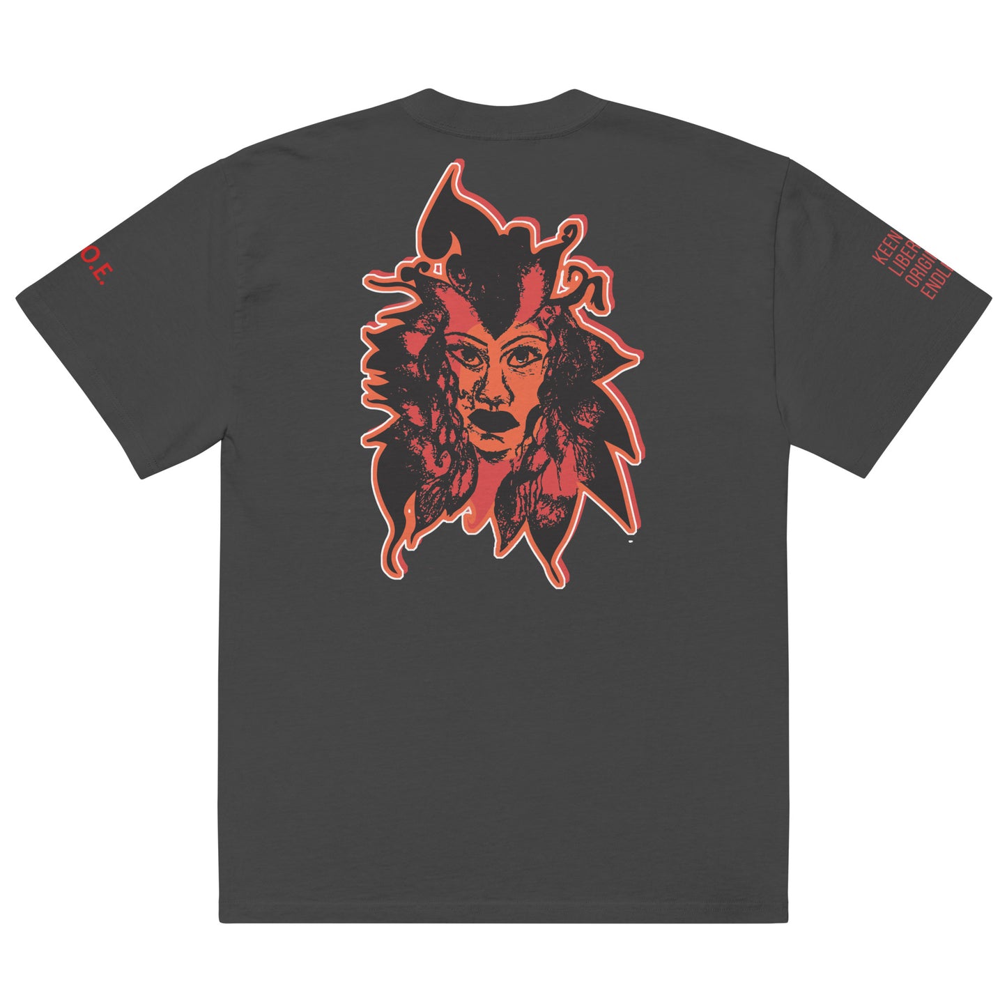 Black unisex oversized t-shirt featuring a striking red, hand-drawn face graphic on the back and front, inspired by global artistry and expressive fashion. The sleeve showcases ‘KEEN, LIBERATED, ORIGINAL, ENDLESS,’ embodying modern boho style and empowering individuality. A statement piece for those embracing contemporary, culturally inspired fashion.