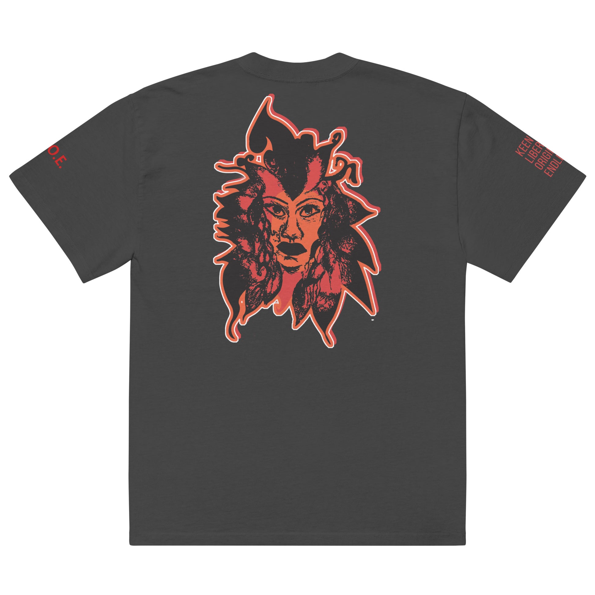 Black unisex oversized t-shirt featuring a striking red, hand-drawn face graphic on the back and front, inspired by global artistry and expressive fashion. The sleeve showcases ‘KEEN, LIBERATED, ORIGINAL, ENDLESS,’ embodying modern boho style and empowering individuality. A statement piece for those embracing contemporary, culturally inspired fashion.