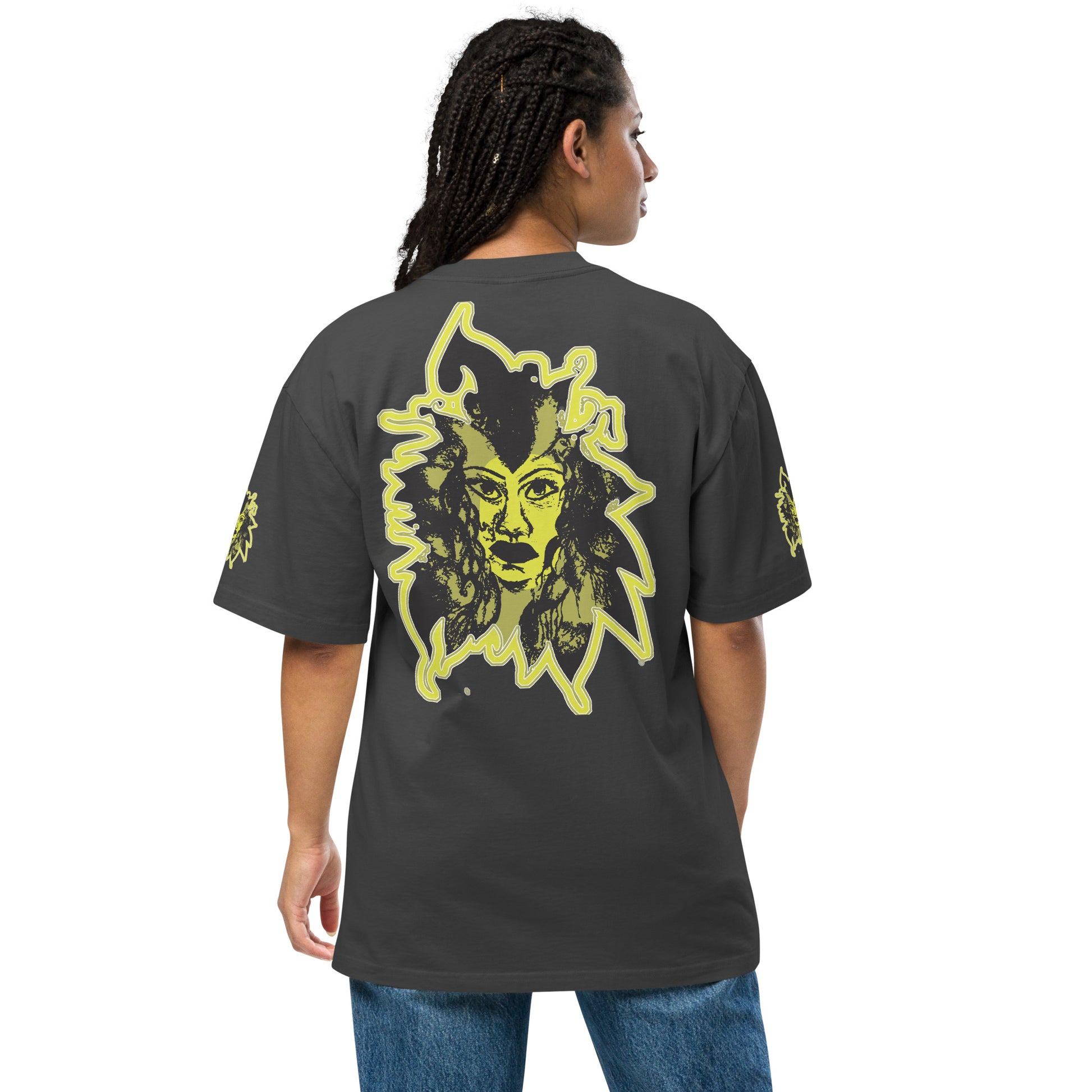 Black unisex oversized t-shirt with a bold yellow hand-drawn face graphic on the back, embodying culturally inspired fashion and modern boho style. The front features the K.L.O.E. logo and ‘KEEN, LIBERATED, ORIGINAL, ENDLESS’ text, celebrating individuality and expressive fashion for a contemporary, liberated lifestyle.