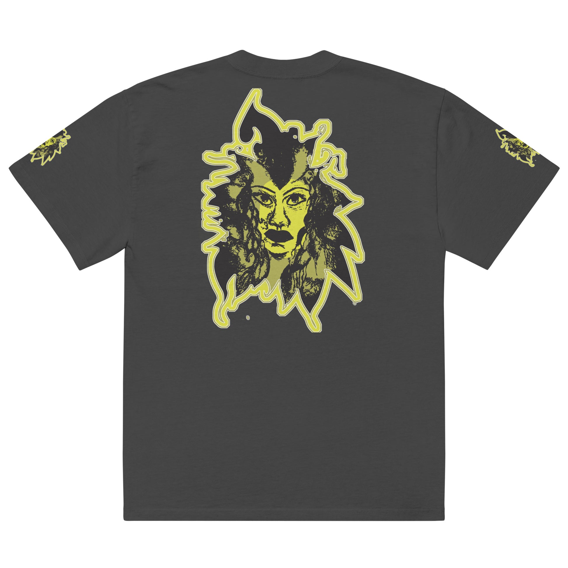 Black unisex oversized t-shirt with a bold yellow hand-drawn face graphic on the back, embodying culturally inspired fashion and modern boho style. The front features the K.L.O.E. logo and ‘KEEN, LIBERATED, ORIGINAL, ENDLESS’ text, celebrating individuality and expressive fashion for a contemporary, liberated lifestyle.