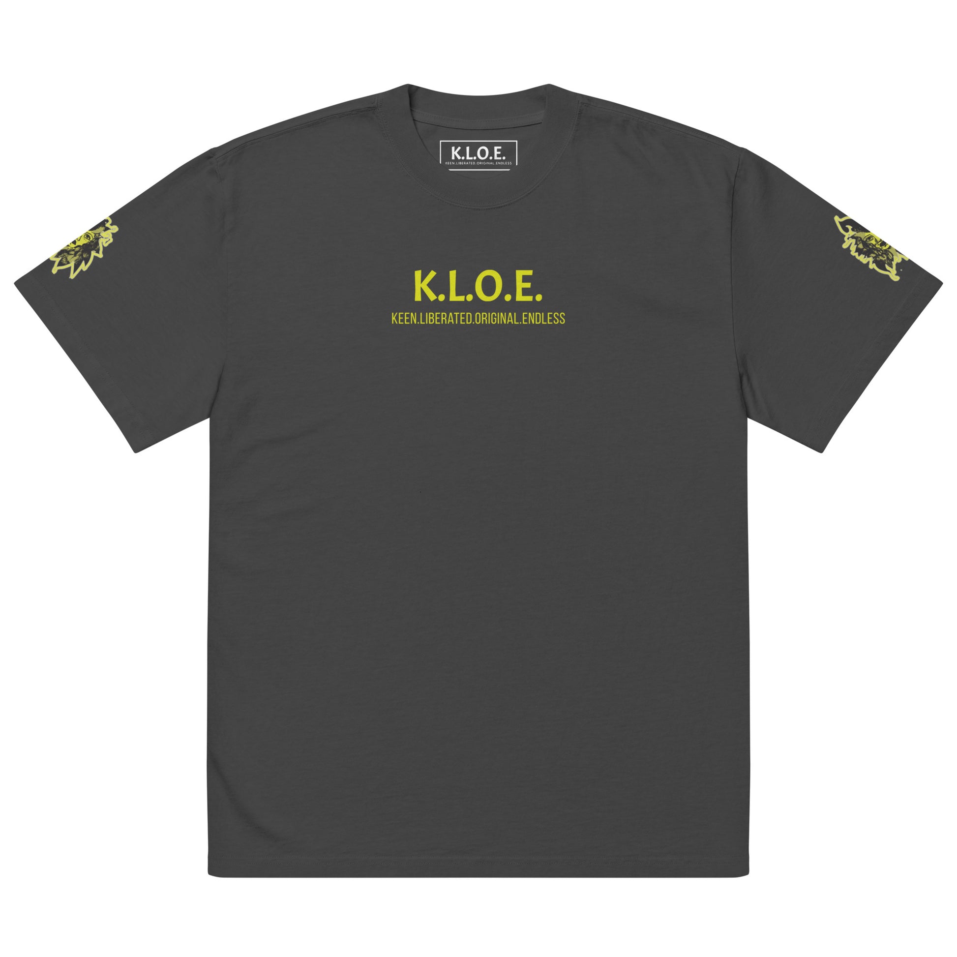 Black unisex oversized t-shirt with a bold yellow hand-drawn face graphic on the back, embodying culturally inspired fashion and modern boho style. The front features the K.L.O.E. logo and ‘KEEN, LIBERATED, ORIGINAL, ENDLESS’ text, celebrating individuality and expressive fashion for a contemporary, liberated lifestyle.