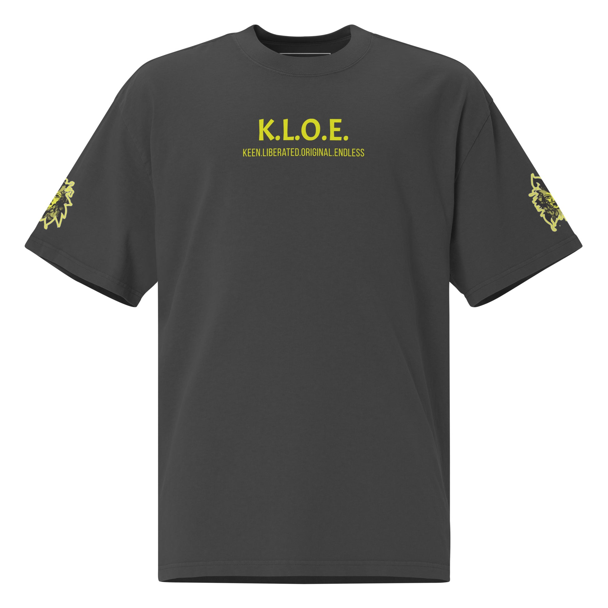 Black unisex oversized t-shirt with a bold yellow hand-drawn face graphic on the back, embodying culturally inspired fashion and modern boho style. The front features the K.L.O.E. logo and ‘KEEN, LIBERATED, ORIGINAL, ENDLESS’ text, celebrating individuality and expressive fashion for a contemporary, liberated lifestyle.