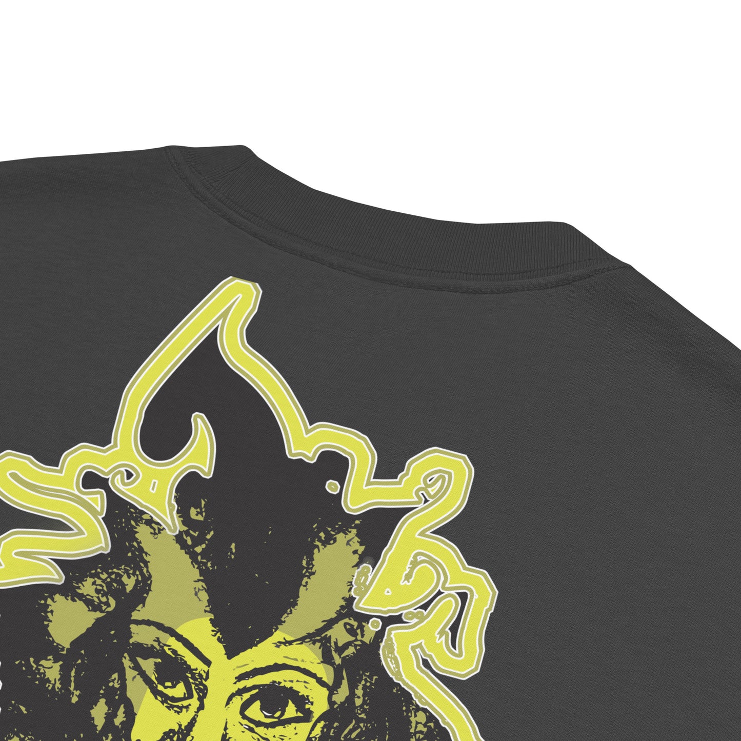 Black unisex oversized t-shirt with a bold yellow hand-drawn face graphic on the back, embodying culturally inspired fashion and modern boho style. The front features the K.L.O.E. logo and ‘KEEN, LIBERATED, ORIGINAL, ENDLESS’ text, celebrating individuality and expressive fashion for a contemporary, liberated lifestyle.