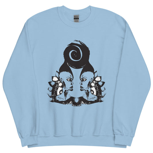 Blue K.L.O.E. sweatshirt featuring a culturally inspired, hand-drawn design of two mirrored faces in bold black, showcasing unique artistry and self-expression in modern bohemian style clothing.