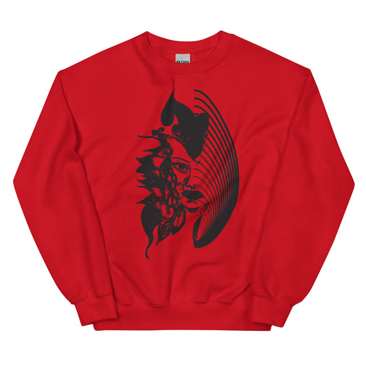 Red K.L.O.E. sweatshirt featuring a culturally inspired, hand-drawn black graphic of a bold, expressive face surrounded by intricate details, celebrating individuality and artistic self-expression in modern bohemian style fashion.